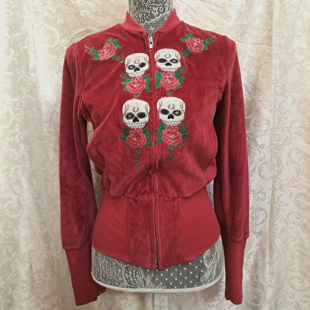Buddhist Punk Red Velour Cotton Stretchy Long Sleeve Sweatshirt Women's Size S/0